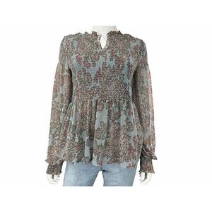 AKEMI + KIN Pale Blue Paisley Print Smocked V-Neck Long Sleeve Lightweight Top